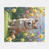 柴犬の春の花の絵 フリースブランケット (正面(横))
