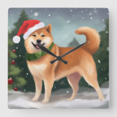 柴犬の犬が雪のクリスマス スクエア壁時計 (正面)