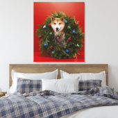 柴犬の犬はクリスマスリースに座って キャンバスプリント (インサイチュ (寝室))