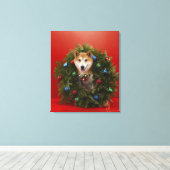 柴犬の犬はクリスマスリースに座って キャンバスプリント (インサイチュ (ウッドフロア))