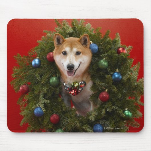 柴犬の犬はクリスマスリースに座って マウスパッド (正面)