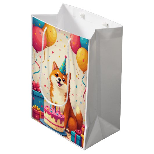 柴犬の誕生日お祝い ミディアムペーパーバッグ (正面アングル)