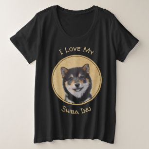 柴犬の(黒およびタン)絵画-犬の芸術 プラスサイズTシャツ