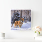 柴犬は雪のクリスマスを許す スクエア壁時計 (ホーム)