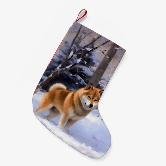 柴犬は雪のクリスマスを許す スモールクリスマスストッキング (正面 (吊り時))