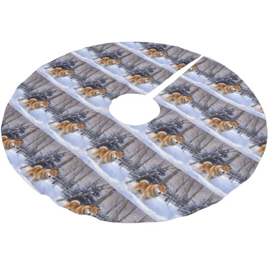 柴犬は雪のクリスマスを許す ブラッシュドポリエステルツリースカート (アングル)