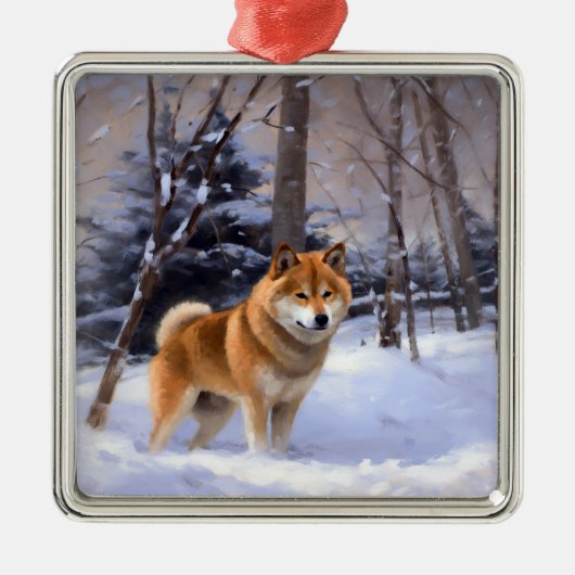 柴犬は雪のクリスマスを許す メタルオーナメント (正面)