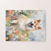 柴犬カラフル水カラーのアートワーク ジグソーパズル (横)