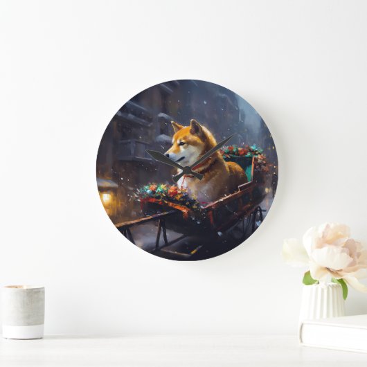 柴犬クリスマスフェスティバルシーズン ラージ壁時計 (ホーム)