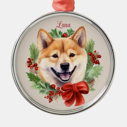 柴犬クリスマスペット記念犬種 メタルオーナメント (正面)