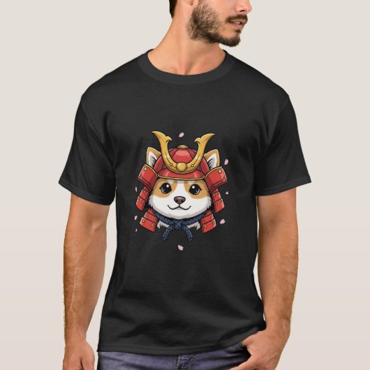 柴犬サムライ顔、日本武者鎧兜 Tシャツ (正面)
