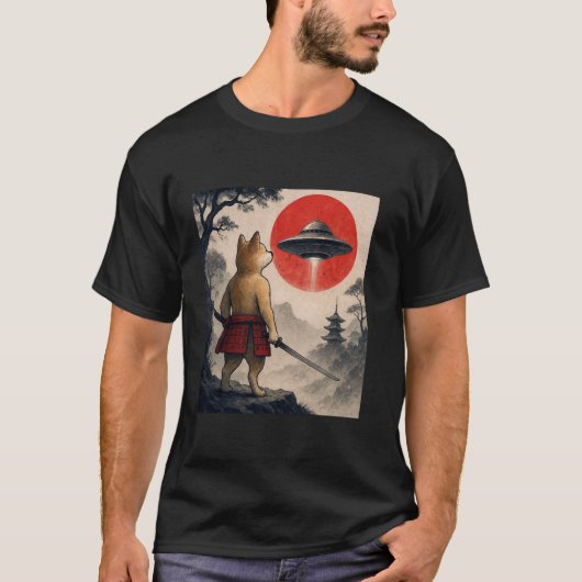 柴犬サムライUFOヴィンテージ日本浮世絵犬 Tシャツ (正面)