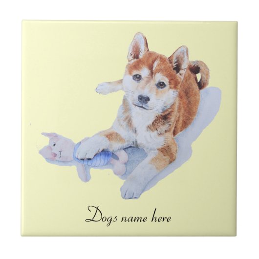 柴犬テディベアの可愛い仔犬の絵 タイル (正面)