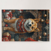 柴犬ドッグとクリスマスプレゼント暖炉 ジグソーパズル (横)