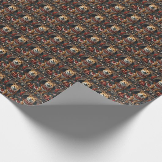 柴犬ドッグとクリスマスプレゼント暖炉 ラッピングペーパー (角)