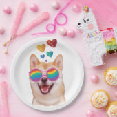 柴犬ドッグとハートバレンタインデー ペーパープレート (パーティー)