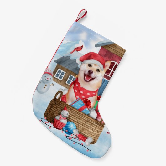 柴犬ドッグインスノークリスマスドッグ スモールクリスマスストッキング (正面 (吊り時))