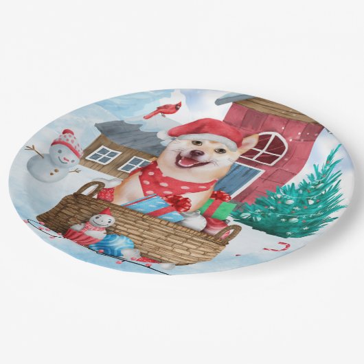 柴犬ドッグインスノークリスマスドッグ ペーパープレート (アングル)