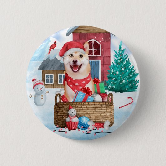 柴犬ドッグインスノークリスマスドッグ 缶バッジ (正面)