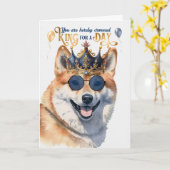柴犬ドッグキングのためのデイおもしろい誕生日 カード (黄色い花)