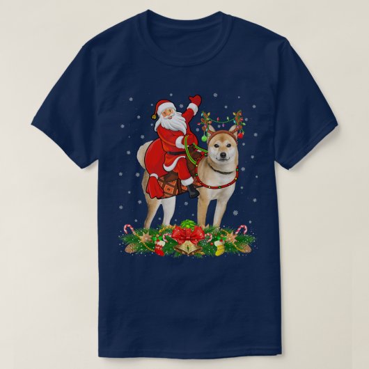 柴犬ドッグクリスマスおもしろいサンタライディング柴犬Ch Tシャツ (デザイン正面)