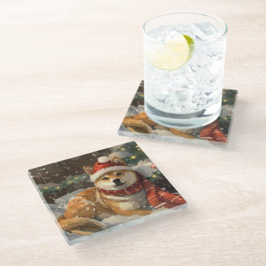 柴犬ドッグクリスマスフェスティバル ガラスコースター (アングル)