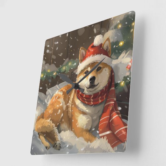 柴犬ドッグクリスマスフェスティバル スクエア壁時計 (傾斜)