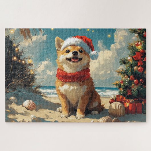 柴犬ドッグクリスマスヴィンテージビーチ ジグソーパズル (横)