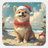 柴犬ドッグクリスマスヴィンテージビーチ スクエアシール (正面)