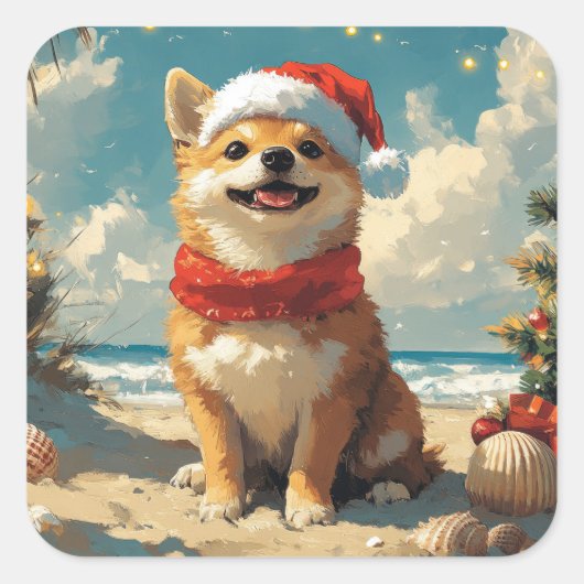 柴犬ドッグクリスマスヴィンテージビーチ スクエアシール (正面)