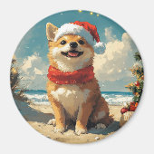 柴犬ドッグクリスマスヴィンテージビーチ マグネット (正面)