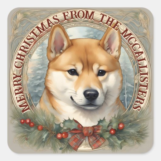 柴犬ドッグパーソナライズされたクリスマスカードシール スクエアシール (正面)