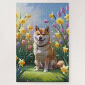 柴犬ドッグ春の花絵を描ズ ジグソーパズル (縦)