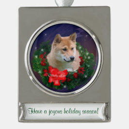 柴犬パーソナライズされたクリスマス シルバープレートバナーオーナメント