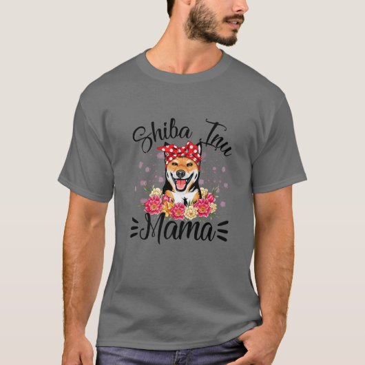 柴犬ママ花模様かわいい犬ママ母の日 Tシャツ (正面)