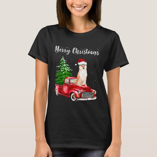 柴犬乗馬レッドトラックメリークリスマスドッグ値リスト Tシャツ (正面)