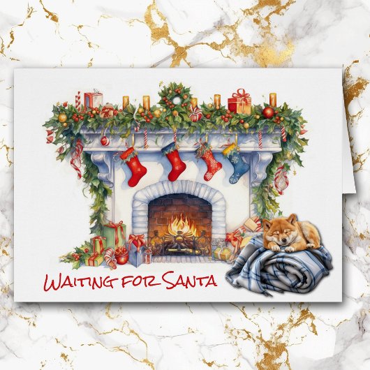 柴犬子犬サンタ暖炉を待つ