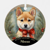 柴犬子犬初めてのクリスマスオーナメント メタルオーナメント (正面)