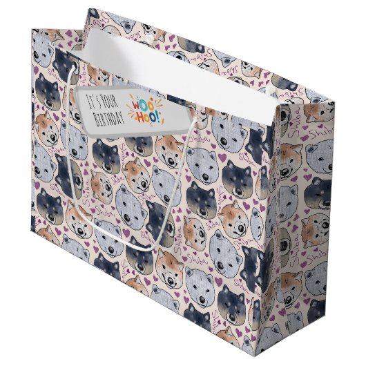 柴犬手描き漫画の頭 ラージペーパーバッグ (正面アングル)