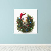 柴犬犬がサンタハットを着て座っている キャンバスプリント (インサイチュ (ウッドフロア))