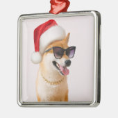 柴犬犬のサンタクロース赤帽子 メタルオーナメント (左)