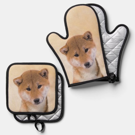 柴犬絵を描ズレッドキュートオリジナルペットドッグアート 鍋つかみ&鍋敷きセット (正面/裏面)