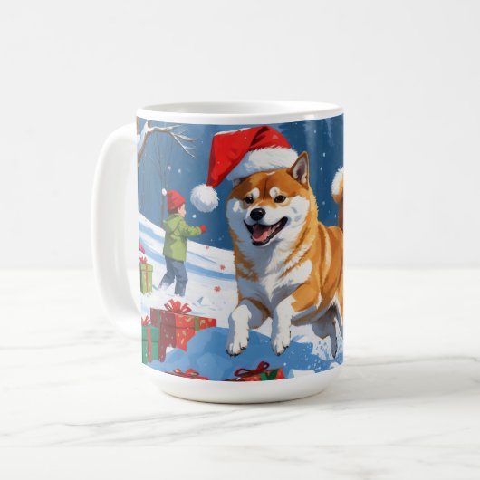 柴犬走のクリスマス帽子と雪の中 コーヒーマグカップ (正面左)