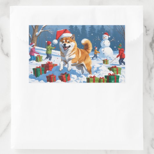 柴犬走のクリスマス帽子と雪の中 長方形シール (バッグ)