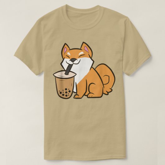 柴犬飲むバブルティーかわいい柴犬ウィット Tシャツ (デザイン正面)
