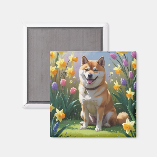 柴犬 春の花の絵 マグネット (正面/裏面)