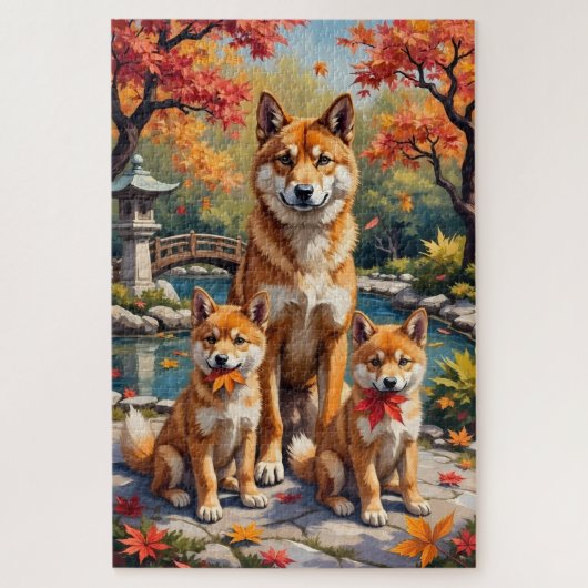 柴犬 紅葉庭園 アート ジグソーパズル (縦)