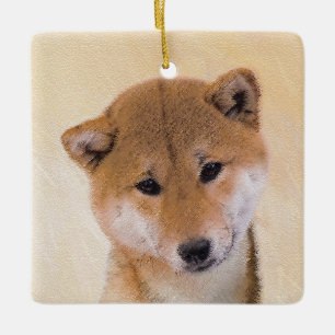 柴犬(赤)絵画のオリジナルドッグアート セラミックオーナメント