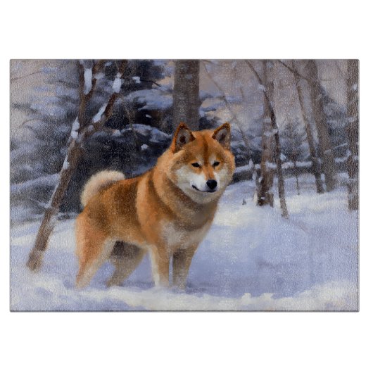 柴犬 雪が降るよ クリスマス カッティングボード (正面)