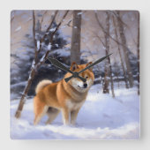 柴犬 雪が降る クリスマス スクエア壁時計 (正面)